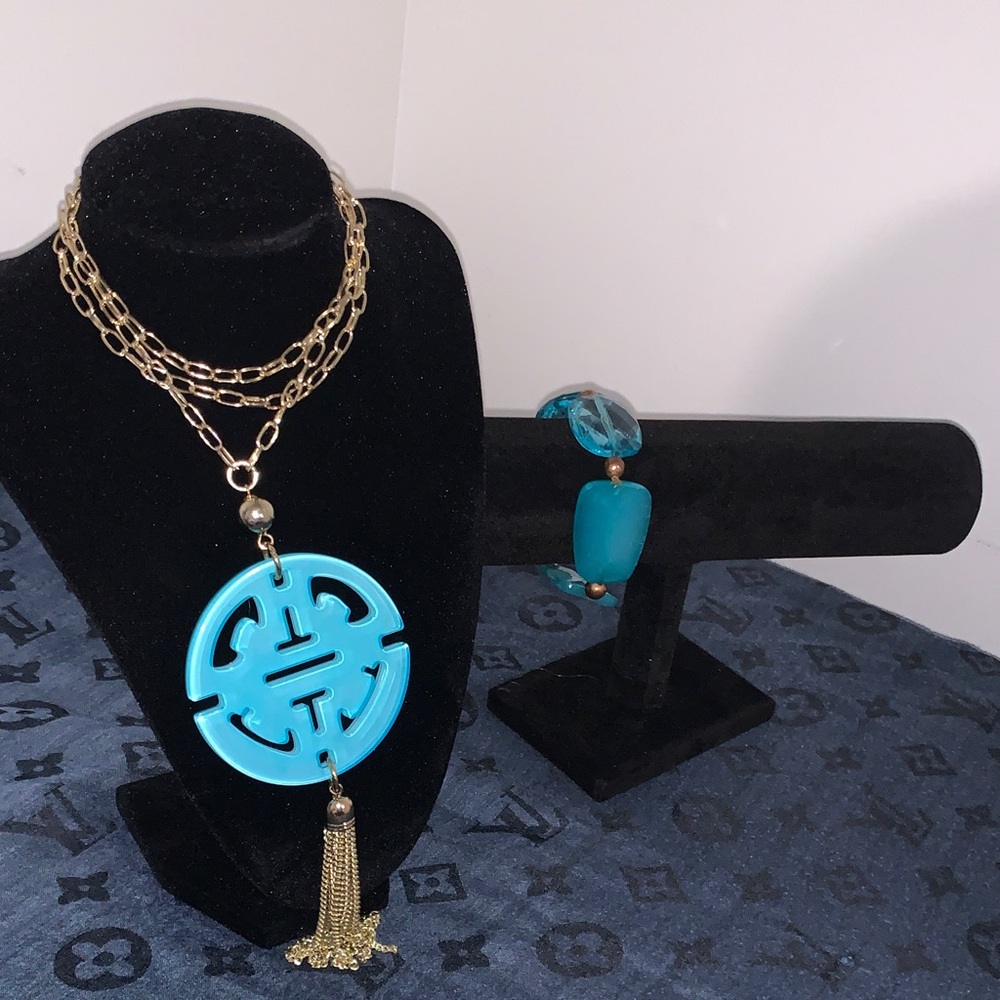 Gold and Turquoise Necklace and stretchy Bracelet Set